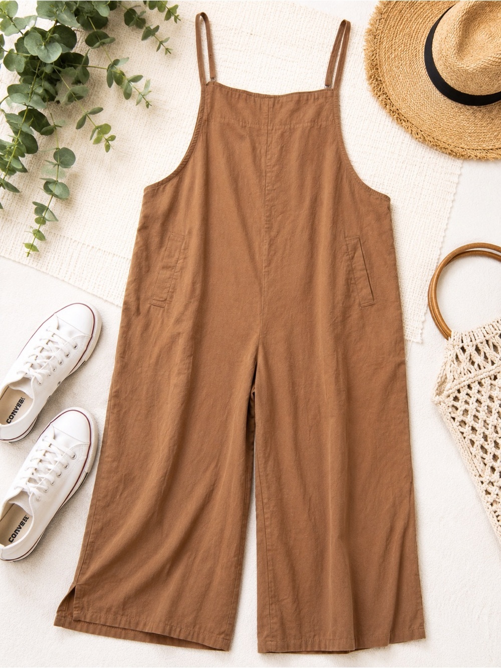 Casual Brown Wide-Leg Tie-Strap Jumpsuit